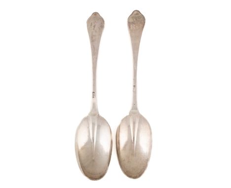 A pair of Queen Anne silver Dog-nose tablespoons,by Benjamin Watts, London 1705,the reverse of the bowls with raised rat-tail