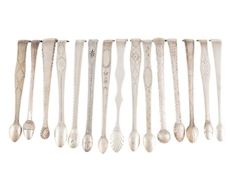 A collection of fifteen pairs of George III silver sugar tongs, various dates and makers, including bright-cut examples, a Sh