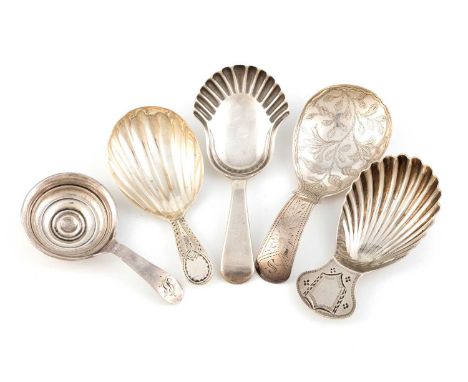 A collection of five antique silver caddy spoons, including: a George IV one, by John Bettridge, Birmingham 1825, oval bowl, 