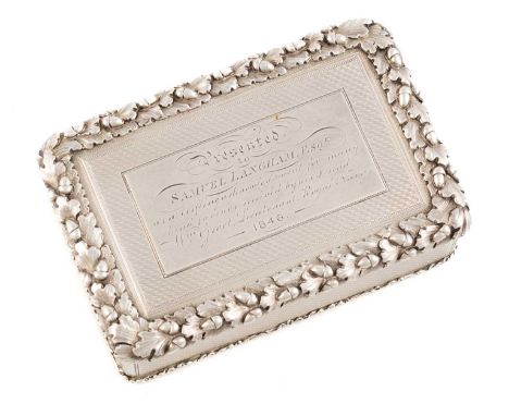 A Victorian silver presentation table snuff box,by Edward Edwards, London 1845,rectangular form with an acorn and oak leaf bo
