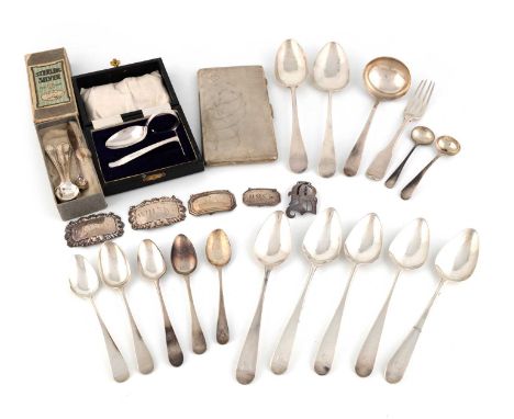 A mixed lot of silver items and flatware,various dates and makers,comprising: two tablespoons, a sauce ladle, a dessert fork,