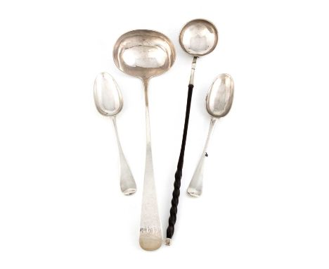 λ A small collection of Scottish provincial silver flatware,comprising: a George III Old English pattern soup ladle, by James