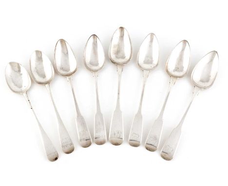 A set of six Channel Islands silver Fiddle pattern tablespoons,by Jacques Quesnel, Jersey circa 1800,engraved with initials t