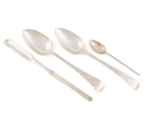 A small mixed lot of silver flatware,comprising: a George II marrow scoop, by Richard Pargeter, London 1735, length 23.7cm, p