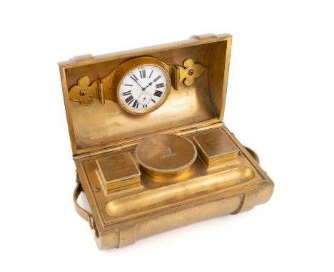 A Victorian novelty gilt metal trunk desk stand,by Leuchars, 38 Piccadilly, London circa 1860,in the form of a cylindrical tr
