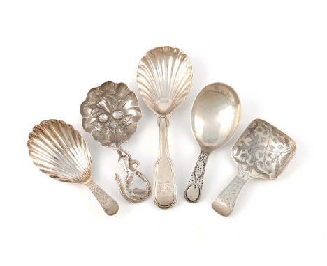 A collection of five antique silver caddy spoons, including: a George III Fiddle and Thread one, by Eley, Fearn and Chawner, 