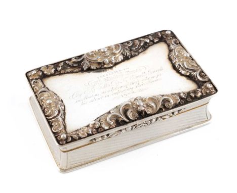 A Victorian silver snuff box,by Edward Smith, Birmingham 1838,rectangular form, incurved sides, engine-turned decoration, the
