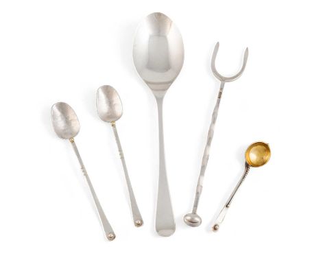 A small mixed lot of modern silver flatware, comprising: a pair of teaspoons and a condiment spoon by Michael Allen Bolton, L