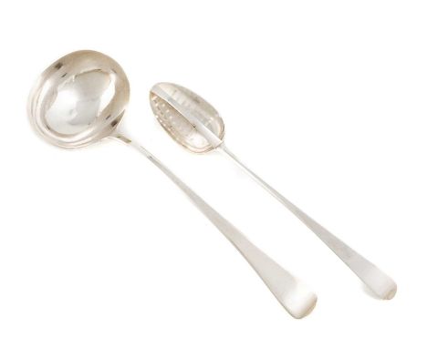 A George III silver Old English pattern straining spoon,by Thomas Wallis, London 1782,the bowl with a pierced strainer, plus 