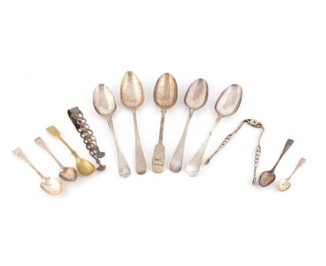 A collection of mixed silver flatware,comprising: a pair of tablespoons by Jean Gavey, Jersey circa 1750, a teaspoon with the