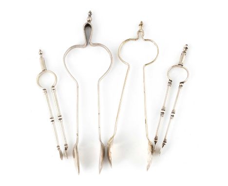 A collection of four pairs of early-18th century silver sugar nips, unmarked, circa 1720-40, andiron form, hinged baluster ar