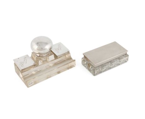 A silver-mounted glass inkstand,by A M &amp; M Ltd, London 1922,rectangular form, with a pen tray, two stamp compartments wit