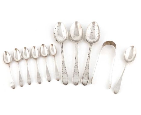 A collection of Channel Islands silver flatware,by Pierre Maingy, Guernsey 1755-1775,comprising: three Bright-cut tablespoons
