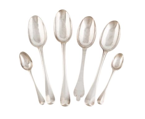 A small collection of Channel Islands silver flatware,by Thomas Mauger, Jersey 1730-1796,comprising: a Trefid spoon, three Ha