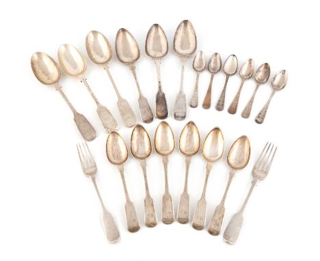 A collection of Channel Islands silver flatware,comprising: three Fiddle pattern tablespoons and a set of six dessert spoons 