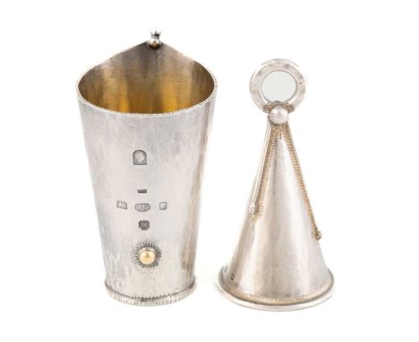 By Michael Allen Bolton, a modern silver snuffer,London 2005, conical form, spot-hammered decoration, with a ring handle, plu