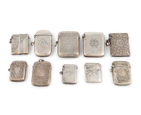A collection of ten silver vesta cases,  various dates and makers, rounded rectangular form, comprising: six with engraved fo