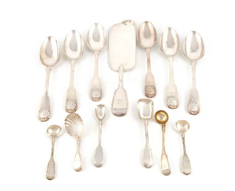 A mixed lot of silver Fiddle and Thread pattern flatware,various dates and makers,comprising: a crumb scoop, by George Adams,