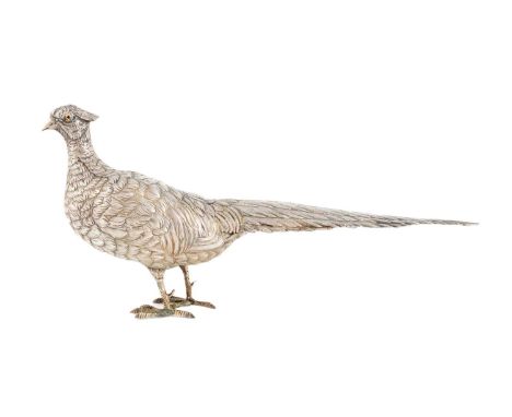 A Dutch novelty silver pheasant flask/caster,modelled in a standing position, textured feathers, the pull-off headset with gl