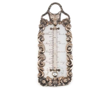 A William IV silver thermometer,  by William King, London 1832,  shaped rectangular form, pierced arched top set with a fox m