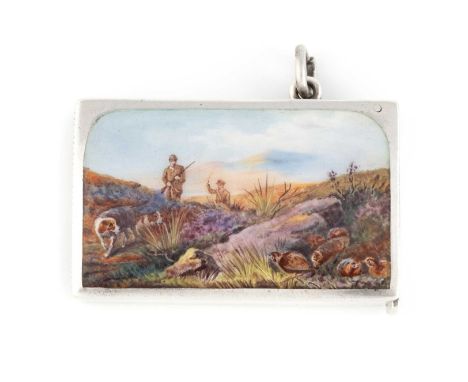 An Edwardian silver and enamel vesta case,by John Millward Banks, Chester 1904,rectangular form, enamelled grouse hunting sce