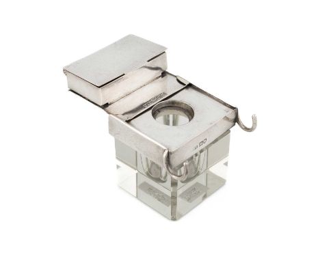 An Edwardian silver-mounted glass stamp box, inkwell and pen rest, by Cohand & Charles, London 1905, square form, plain recta