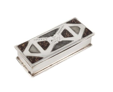 An Edwardian silver and agate stamp box,possibly by Joseph Cook &amp; Sons, Birmingham 1903, rectangular form, the cover set 