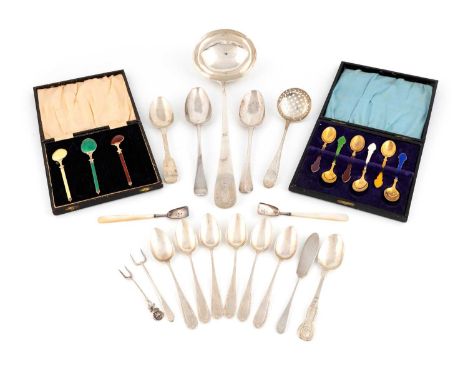 A mixed lot of silver flatware,various dates and makers,comprising: a George III Old English pattern soup ladle, by John Lias