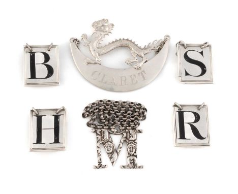 A set of four George III silver wine labels, by James Atkins, London 1806, square form with reeded borders, incised 'H', 'R',