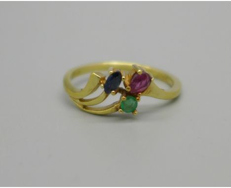 A 9ct gold, emerald, ruby and sapphire ring, 1.8g 