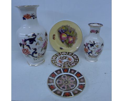 Two Royal Crown Derby Imari plates, two Masons Mandalay vases and an Aynsley Orchard Gold plate 