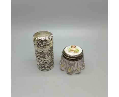 A Victorian silver perfume bottle with gilt interior and inner stopper, Birmingham 1898, Horton &amp; Allday, 67mm, and a gla