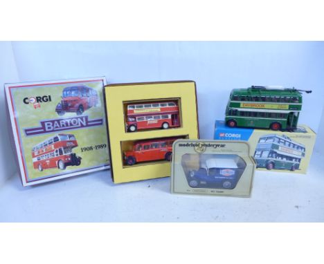 A Corgi Barton 1908-1989 set, a Corgi Classics Nottingham bus and a Models of Yesteryear car, boxed 