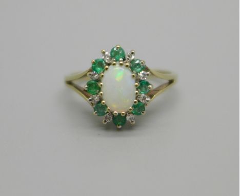 A 9ct gold, opal, emerald and diamond cluster ring, 2.3g, O 