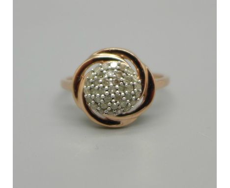 A 9ct rose gold ring set with 37 diamonds, 1.6g, L 