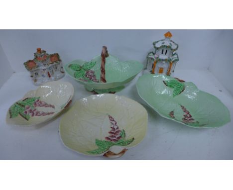 Four items of Carlton Ware leaf ware china, a Staffordshire pastille burner and one other 