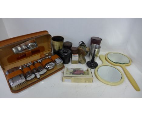 Ivoreen mirrors, two sets of die-cast model cars, boxed, a carved wooden pot with measuring cup inside, a horn cup, etc. 