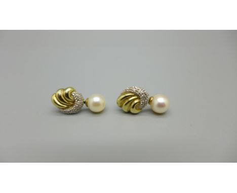 A pair of 9ct gold and pearl earrings set with eight diamonds, 2.8g 