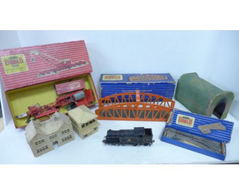 Hornby Dublo model rail Breakdown Crane, Isolating Switch, Girder Bridge, a loco, tunnel and two buildings 