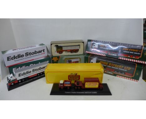 Three Corgi Eddie Stobart lorries, two Atlas, Carters Foden Generator and Low Loader Greatest Show on Earth set, all boxed (6