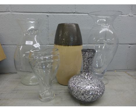 Two large glass vases, a ceramic vase, another glass vase and a mirror chip vase **PLEASE NOTE THIS LOT IS NOT ELIGIBLE FOR P