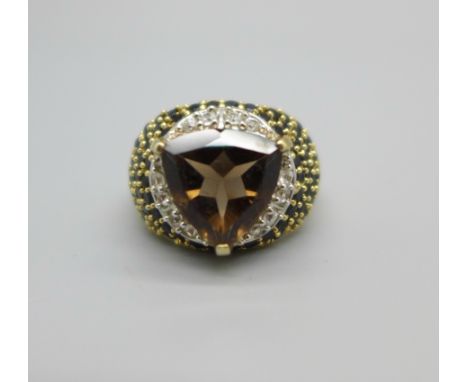 A silver gilt, smoky quartz, zircon and spinel ring, with certificate, J 