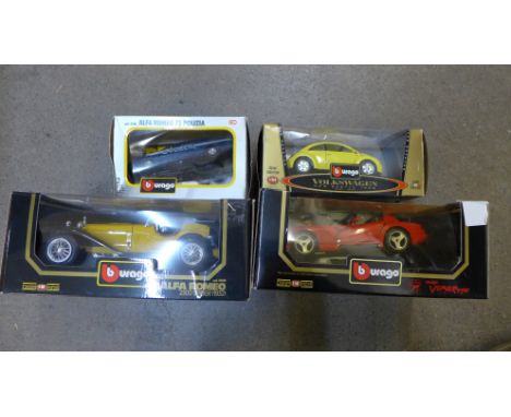 Four Burago model vehicles comprising Alfa Romeo 2300 Spider, VW, Dodge Viper and another Alfa Romeo 