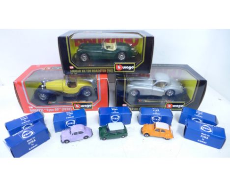 Three Burago model vehicles, two Jaguar and one Bugatti and six Fina Classic Motors 