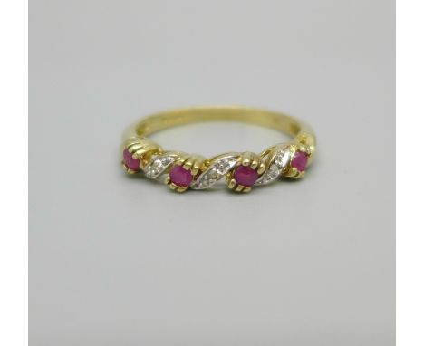 A 9ct gold, ruby and diamond ring, 2g, P 