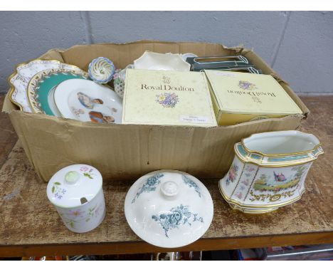 Two Royal Doulton Brambly Hedge teacups and saucers, Susie Cooper condiment set, a Royal Crown Derby plate and pot, Royal Wor