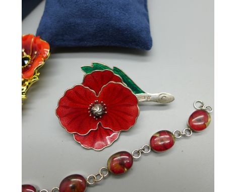 A silver and enamel poppy brooch, London 1996, a silver mounted poppy bracelet and a Bradford Exchange costume poppy brooch 