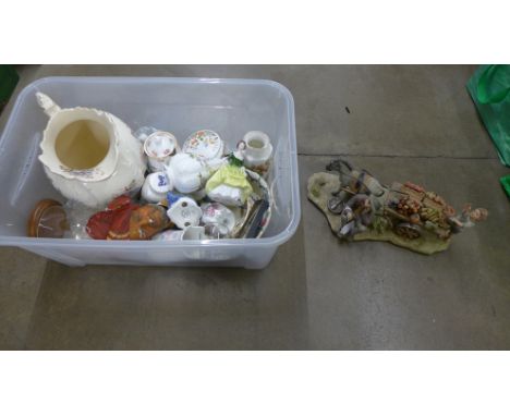 A Capodimonte horse and cart figure group and a box of mixed china; Aynsley, Serenade figures, etc. **PLEASE NOTE THIS LOT IS