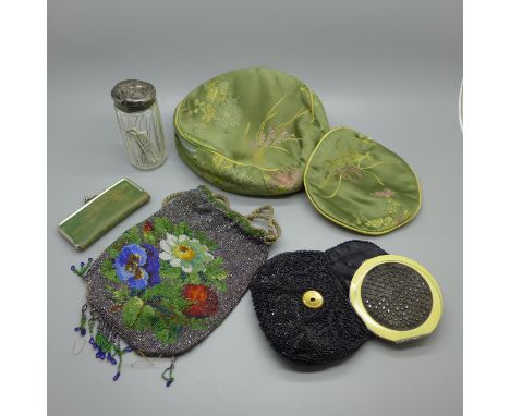 A silver topped glass jar, a/f, a beaded purse, a vintage compact with beaded purse case, a manicure set and two embroidered 