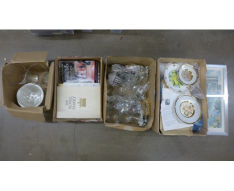 Five boxes of assorted glassware, china including a Portmeirion planter and Wedgwood Jasperware Royalty ephemera, collectors 